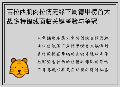 吉拉西肌肉拉伤无缘下周德甲榜首大战多特锋线面临关键考验与争冠